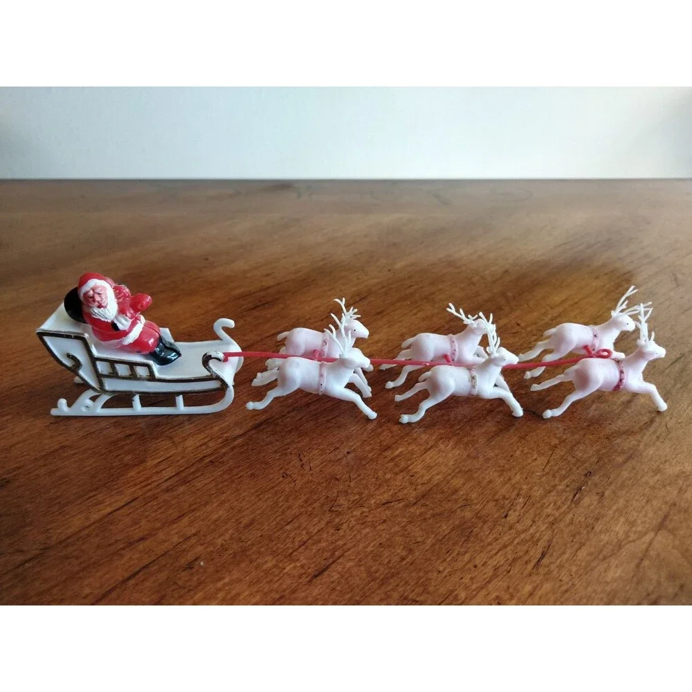 Vtg 60’s Mini Plastic Table Christmas Santa Sleigh Pinkish Reindeer Hong Kong - Picture 1 of 12